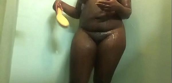  College Ebony slut Becky Jay masturbates, cums, squirts in college dorm shower